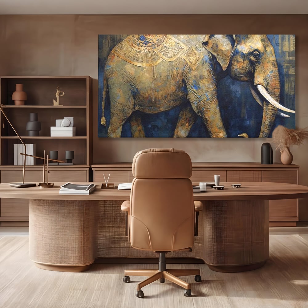 Tablou canvas cu tablou canvas cu pictura de elefant auriu, fara rama, pe sasiu de lemn, pe perete intr-un birou